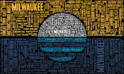 A word cloud with the neighborhoods of Milwaukee, Wisconsin, in the shape of the People's Flag of the city. - obrazy, fototapety, plakaty