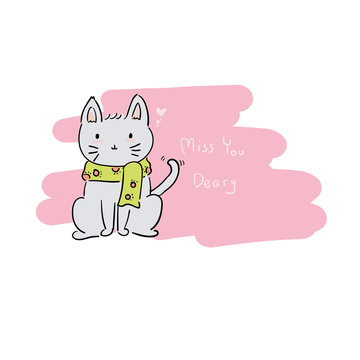 cute hand draw cat wearing scarf, idea for season greeting gift tag or card