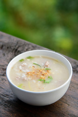Boiled rice with pork on the beautiful nature background