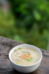 Boiled rice with pork on the beautiful nature background