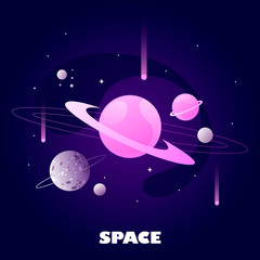 planets and stars. cartoon space banner. vector illustration. dark space and solar system. © sweet kiwi