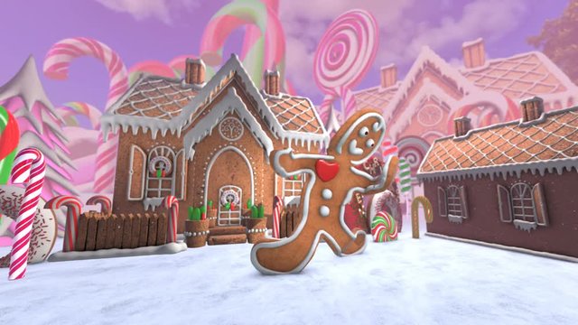 Cute Gingerbread man dancing salsa in a candy village. Seamless funny Christmas animation with a doughnut with Merry Christmas letters