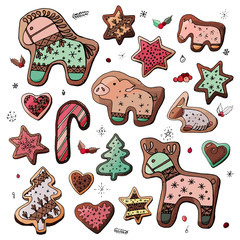 Set of different traditional christmas sweet desserts, cookies and gingerbreads with decoration and snowflakes. Isolated and hand drawn doodle new year background. Christmas card. 