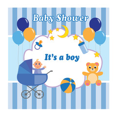 Baby shower boy card with a bear, a stroller, a toy and balloons. Vector illustration