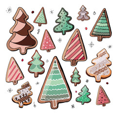 Set of different traditional christmas sweet desserts, cookies and gingerbreads with decoration and snowflakes. Isolated and hand drawn doodle new year background. Christmas card. 