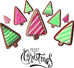 Stock vector christmas tree gingerbreads with different ornaments with snowflakes and greeting merry christmas calligraphy. Isolated and hand drawn doodle background. Christmas festive holiday card.