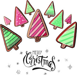 Stock vector christmas tree gingerbreads with different ornaments with snowflakes and greeting merry christmas calligraphy. Isolated and hand drawn doodle background. Christmas festive holiday card.