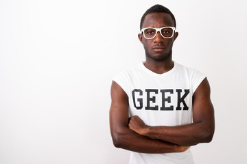Portrait of young black African nerd man wearing Geek shirt