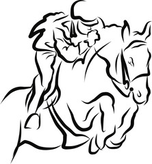 Young horseman on show jumping competition. Rider with horse jump over the hurdle