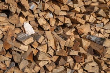 Preparation of firewood for the winter. firewood background, Stacks of firewood in the forest. Pile of firewood