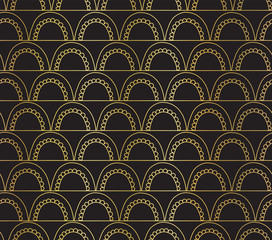 Vector abstract seamless gold foil geometric doodle background. Golden arcs on lines on black. Fish scale, elegant, oriental, Art deco design. Celebration, party invitations, Christmas, New Year, wrap