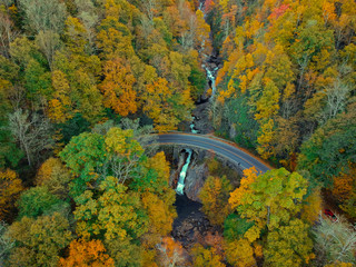 Aerial Drone view of Autumn / fall in the Blue ridge of the Appalachian Mountains  near Asheville, North Carolina. Vibrant red, yellow, orange leaf foliage colors on the curve of mountain road side. 