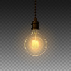 Realistic glowing lamp hanging on the wire. Incandescent lamp. Vector - obrazy, fototapety, plakaty