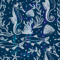 Ink hand drawn seamless pattern with night sea life scene