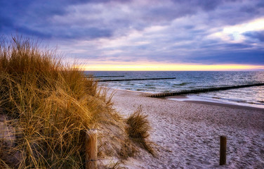 Panorama of beach in Ahrenshoop in Mecklenburg-Western Pomerania on the peninsula Fischland-Darss-Zingst on the Baltic Sea.