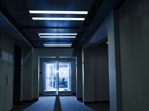 Hallway of a building with elevators