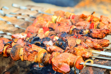 Fried and juicy meat with mushrooms is fried on skewers on a fire, skewers on bricks, under them burning wood coals. Fried meat and mushrooms on the barbecue.