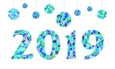 Holiday banner 2019 mosaic Numbers Design of greeting card with Christmas decorations - Vector greeting illustration
