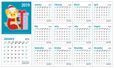 Calendar 2019. English calender template. Vector grid. Office business planning. Christmas pig. Happy New Year! Greeting card design