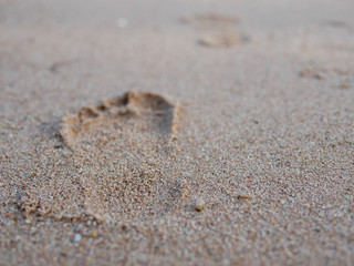 Fototapeta na wymiar step of bare foot walk leave footprint on sand beach for holiday trip concept