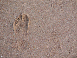 top view footprint on sand beach with copy space for happy holiday concept