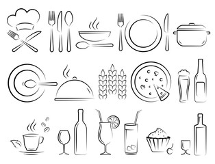 hand drawn restaurant icons set on white