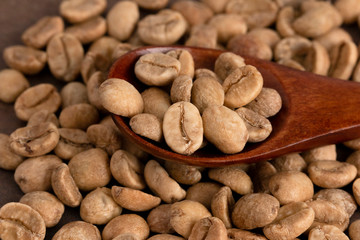 Pile of Raw Green Coffee Beans with a Wooden Spoon