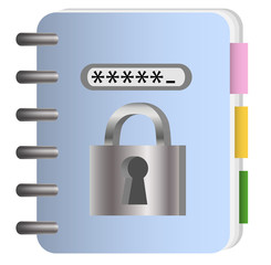 The concept of data protection. Notepad with metal chain and lock, password