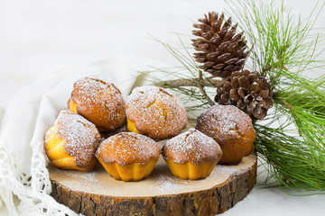 Homemade cristmas cupcake, christmas muffins and new yaer decoration on the white background and pine branches and cones