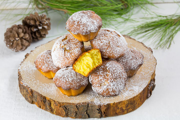 Homemade cristmas cupcake, christmas muffins and new yaer decoration on the white background and pine branches and cones