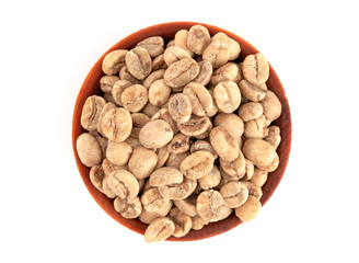 Bowl of Raw Green Coffee Beans on a White Background