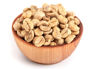 Bowl of Raw Green Coffee Beans on a White Background