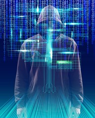 Cyber hacker in hoodie on icons background