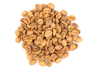 Pile of Raw Green Coffee Beans on a White Background