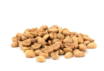 Pile of Raw Green Coffee Beans on a White Background