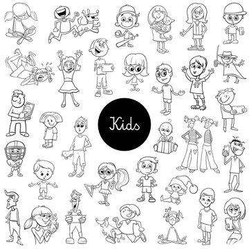 comic kids characters black and white set