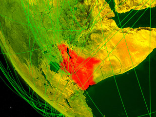 Kenya on digital planet Earth from space with network. Concept of international communication, technology and travel.