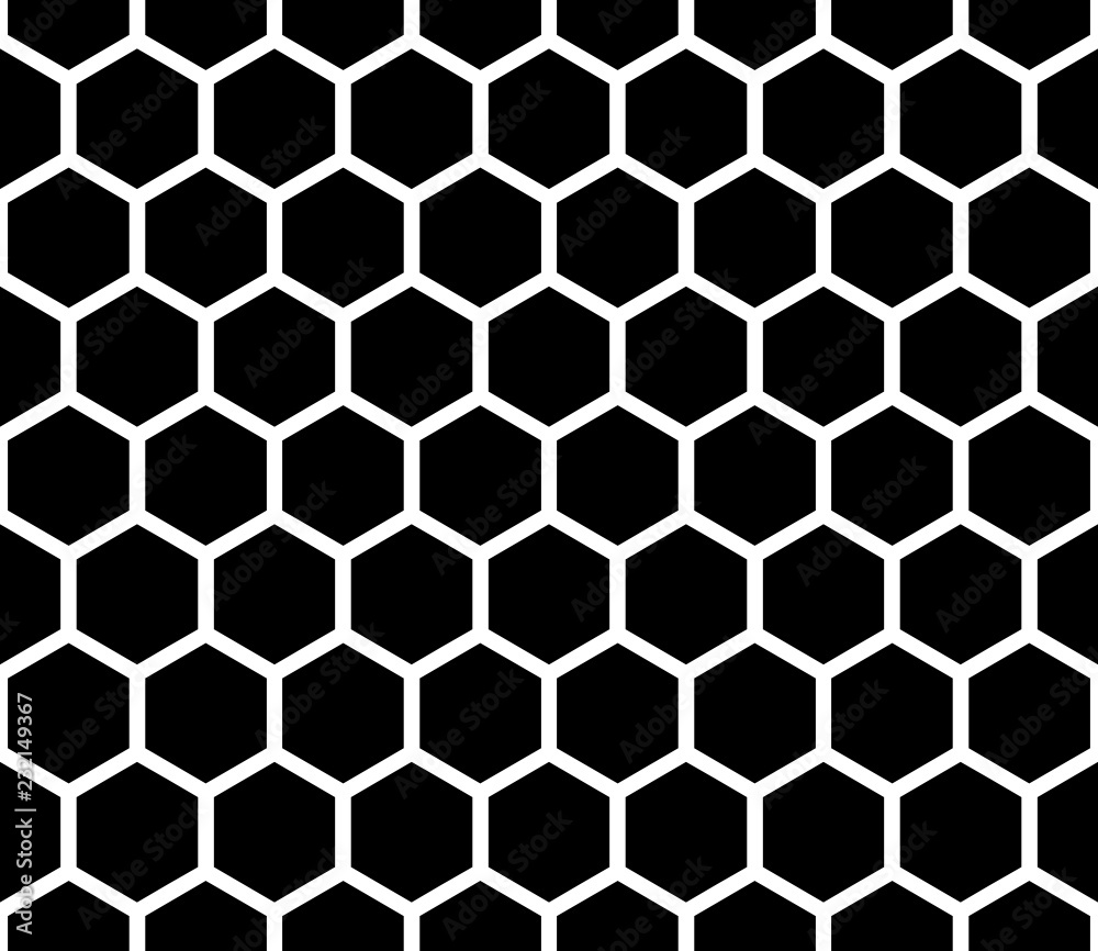 Wall mural hexagon seamless pattern. repeatable white line honeycomb pattern on black background vector.