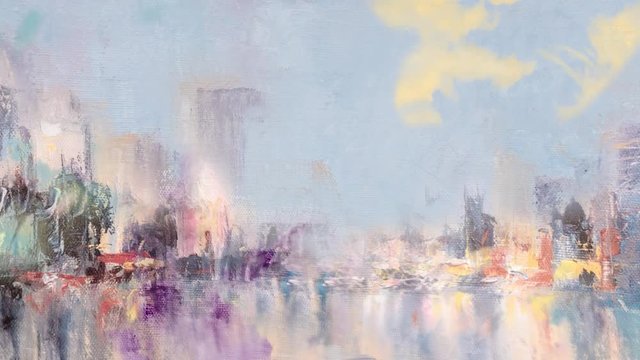 Skyline city view with color clouds appearance and reflections on water animation. Original oil painting on canvas,