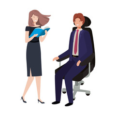 man sitting in office chair and woman with book