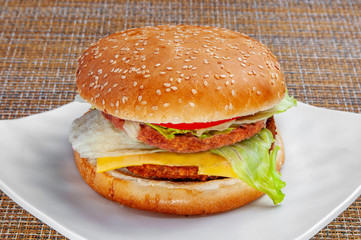 Classic hamburger with bread and fresh vegetables on a white plate.