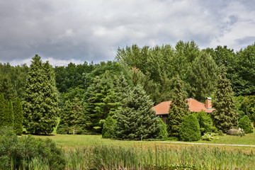 red roof of the house amid green trees