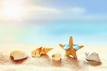 Fototapeta na wymiar Beach. Summer. Starfish in sunglasses on the seashore.