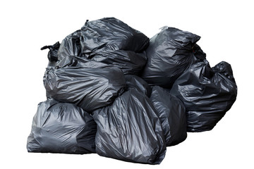 trash bags isolate on white background, Pile of black garbage.