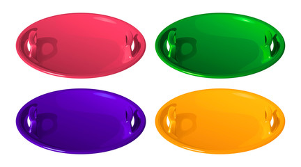 Набор из четырех цветных круглых детских пластиковых санок (ледянок) для катания с ледяных горок, векторная иллюстрация на белом фоне
