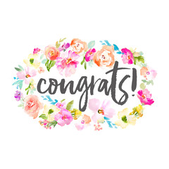 Watercolor Floral Background Congratulations Modern Hand Lettering