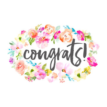Watercolor Floral Background Congratulations Modern Hand Lettering