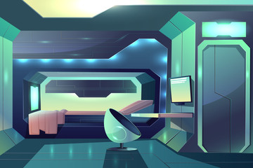 Future spaceship crew member personal cabin minimalistic interior with neon ambient light, bed in sleeping block and futuristic armchair in front of desk with monitor cartoon vector illustration