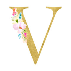 Gold and Floral Monogram Letters. Decorative ABC Alphabet