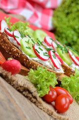 Close-up of wholemeal grain bread with curd cheese, fresh radish, cucumber and tomatoes on a wooden cutting board - concept of healthy fitness breakfast or snack, fresh salad in background